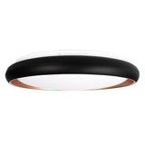 Moderne runde LED-Deckenleuchte mit schwarz-weißem Finish und einem von unten und der Seite sichtbaren Innenrand aus Kupfer.