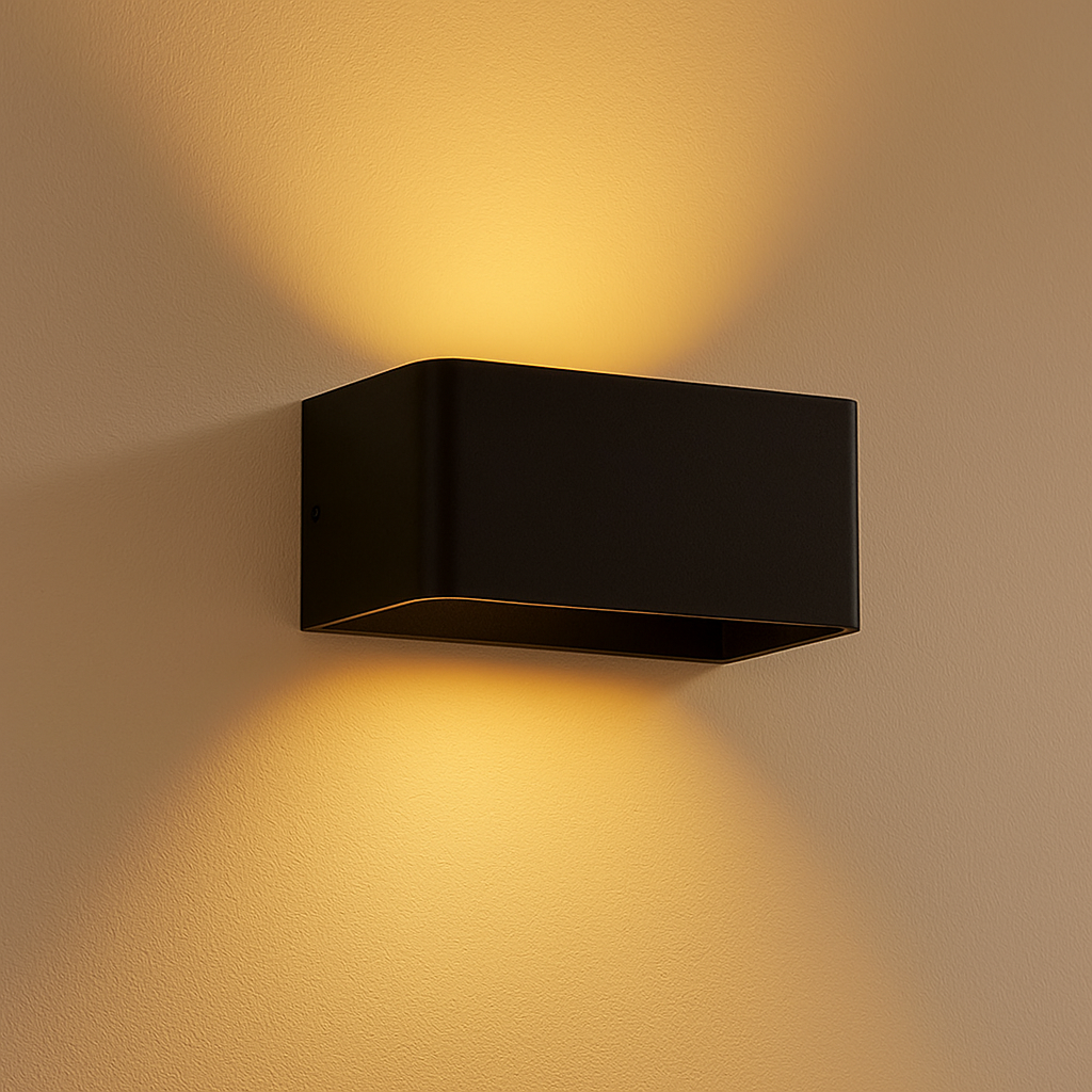 Moderne schwarze Wandleuchte mit Auf- und Ab-Licht, montiert an einer beigen Wand, aus schräger Seitenansicht.