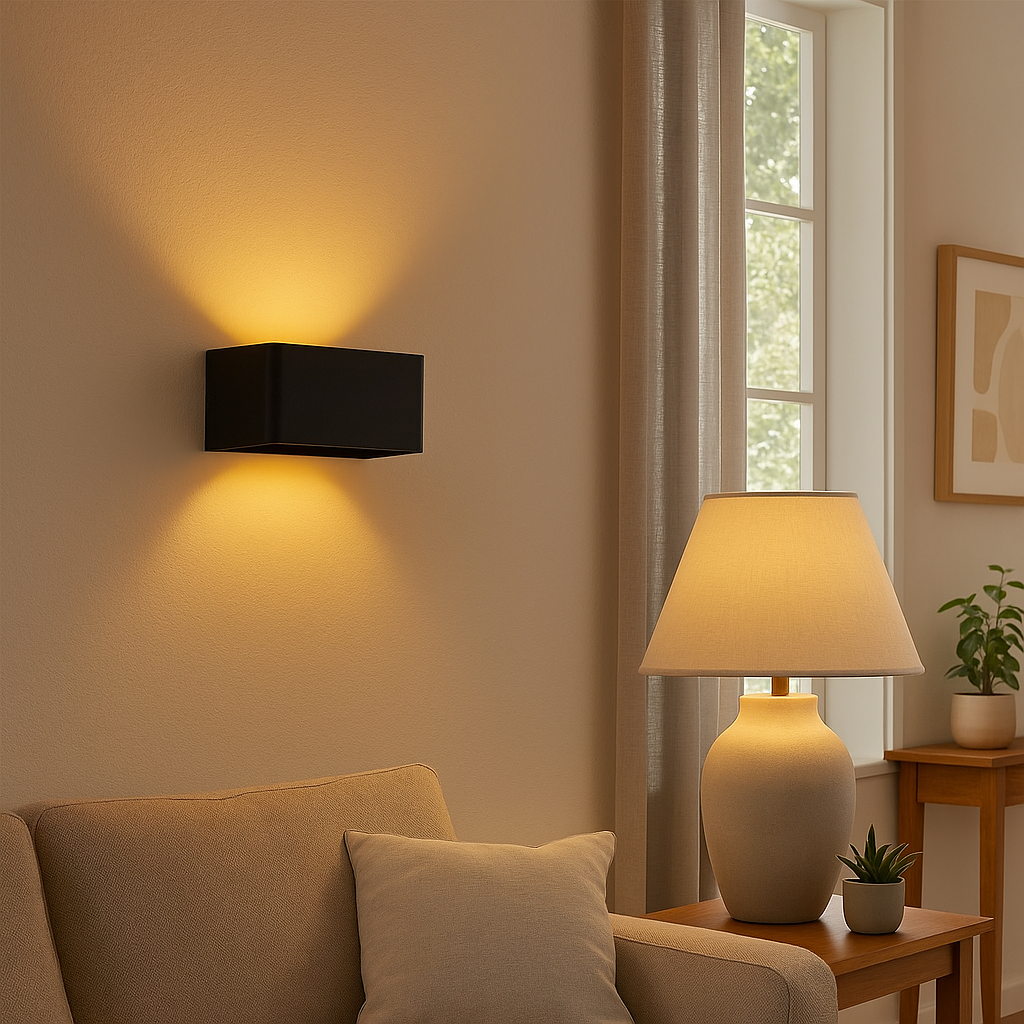 Stimmungsvolles Interieur mit Wand- und Tischleuchte in einem modernen Wohnzimmer, Vorderansicht einer beigen Sitzecke mit sanfter Beleuchtung, großem Fenster mit Vorhang und Beistelltisch aus Holz mit Pflanzen.