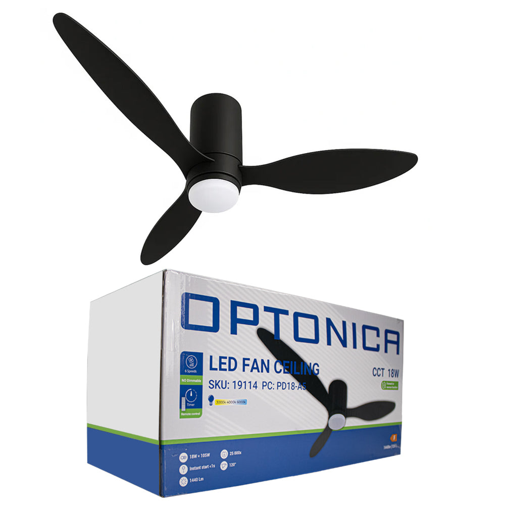 Schwarzer Optonica LED-Deckenventilator mit 3 Flügeln und integriertem Licht, Modell PD18-A5, Ansicht schräg von unten mit der Produktverpackung im Vordergrund.
