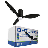 Schwarzer Optonica LED-Deckenventilator mit 3 Flügeln und integriertem Licht, Modell PD18-A5, Ansicht schräg von unten mit der Produktverpackung im Vordergrund.