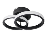Moderne schwarze Deckenleuchte mit zwei runden LED-Ringen in überlappendem Design, schräg von unten.