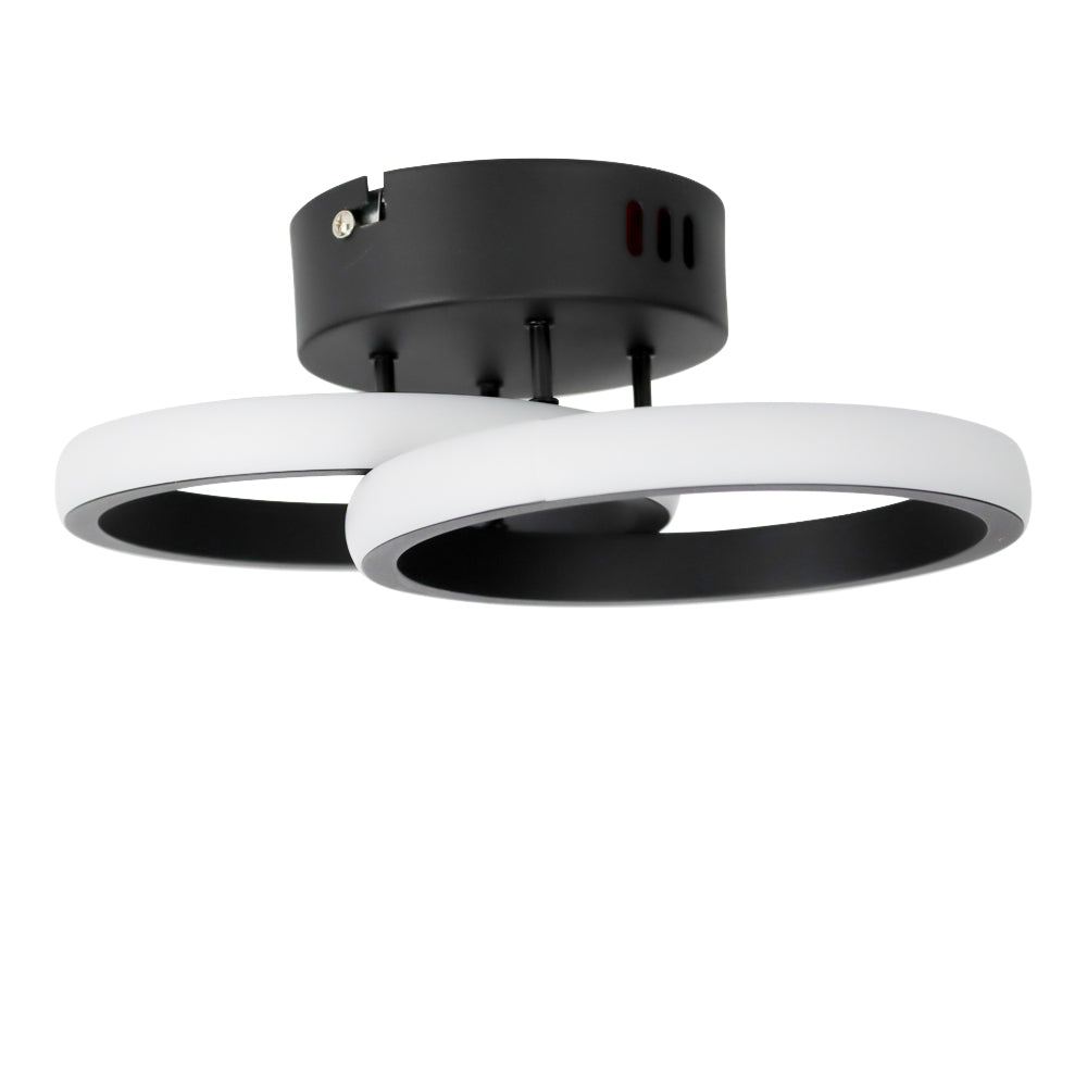 Moderne schwarze Deckenleuchte mit zwei runden LED-Ringen, von unten abgewinkelt gesehen.