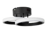 Moderne schwarze Deckenleuchte mit zwei runden LED-Ringen, von unten abgewinkelt gesehen.