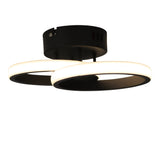 Moderne schwarze Deckenleuchte mit zwei überlappenden, runden LED-Lichtkreisen – von unten betrachtet erhält man einen guten Eindruck vom minimalistischen Design und der warmen Lichtabstrahlung.