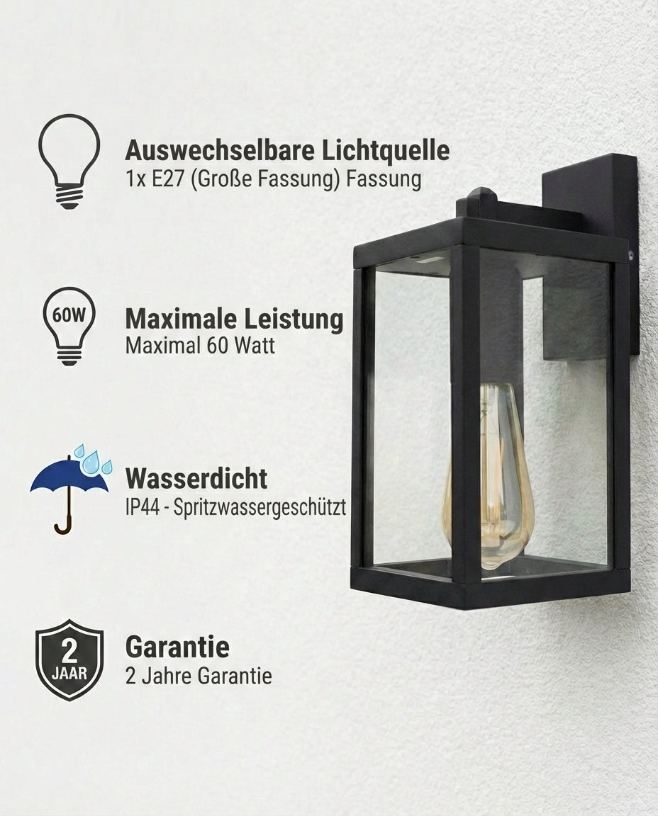 Außenwandleuchte aus Metall und Glas | Zeitgenössisch | E27-Fassung | Schwarz