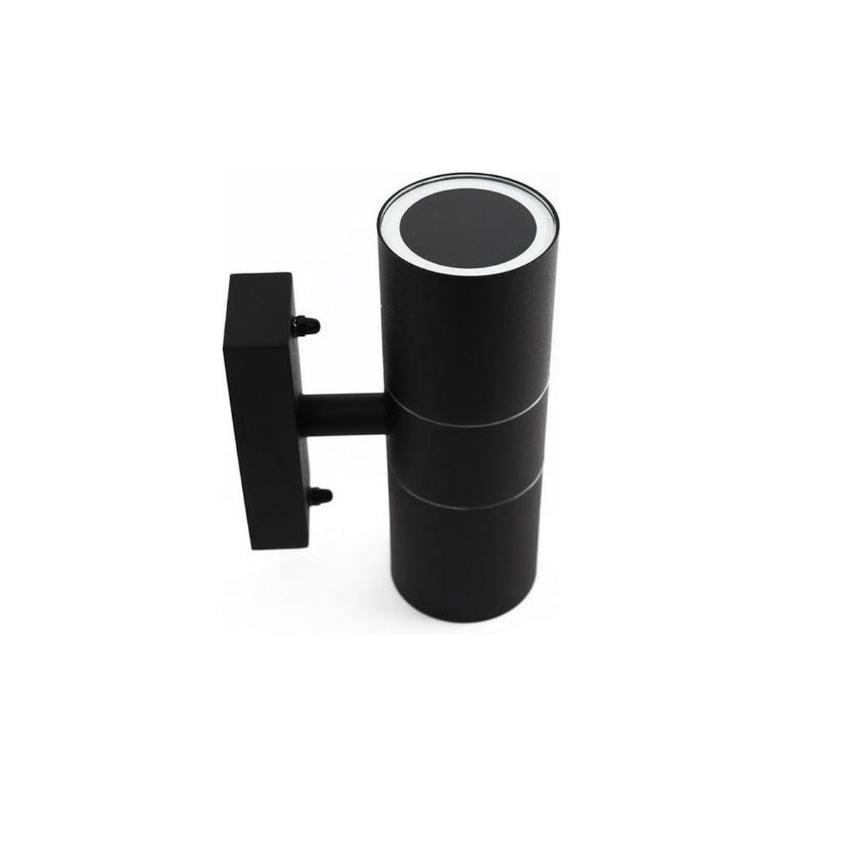 Schwarze moderne Außenwandleuchte, zylindrisches Design mit nach oben und unten gerichteten Lichtstrahlen, Seitenansicht vor weißem Hintergrund.