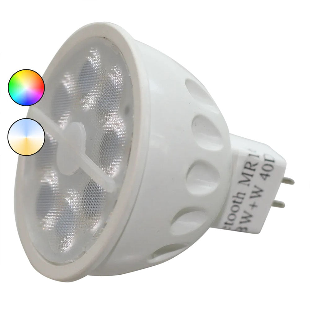LED-Strahler MR16 mit einstellbarer Farbtemperatur und RGB über Bluetooth, Seitenansicht mit Blick auf Linse und Kühlrippen.