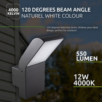 Moderne schwarze LED-Außenwandleuchte mit 120-Grad-Abstrahlwinkel, 4000K naturweißem Licht, 550 Lumen und 12W Leistung, seitlich an einer Fassade montiert.