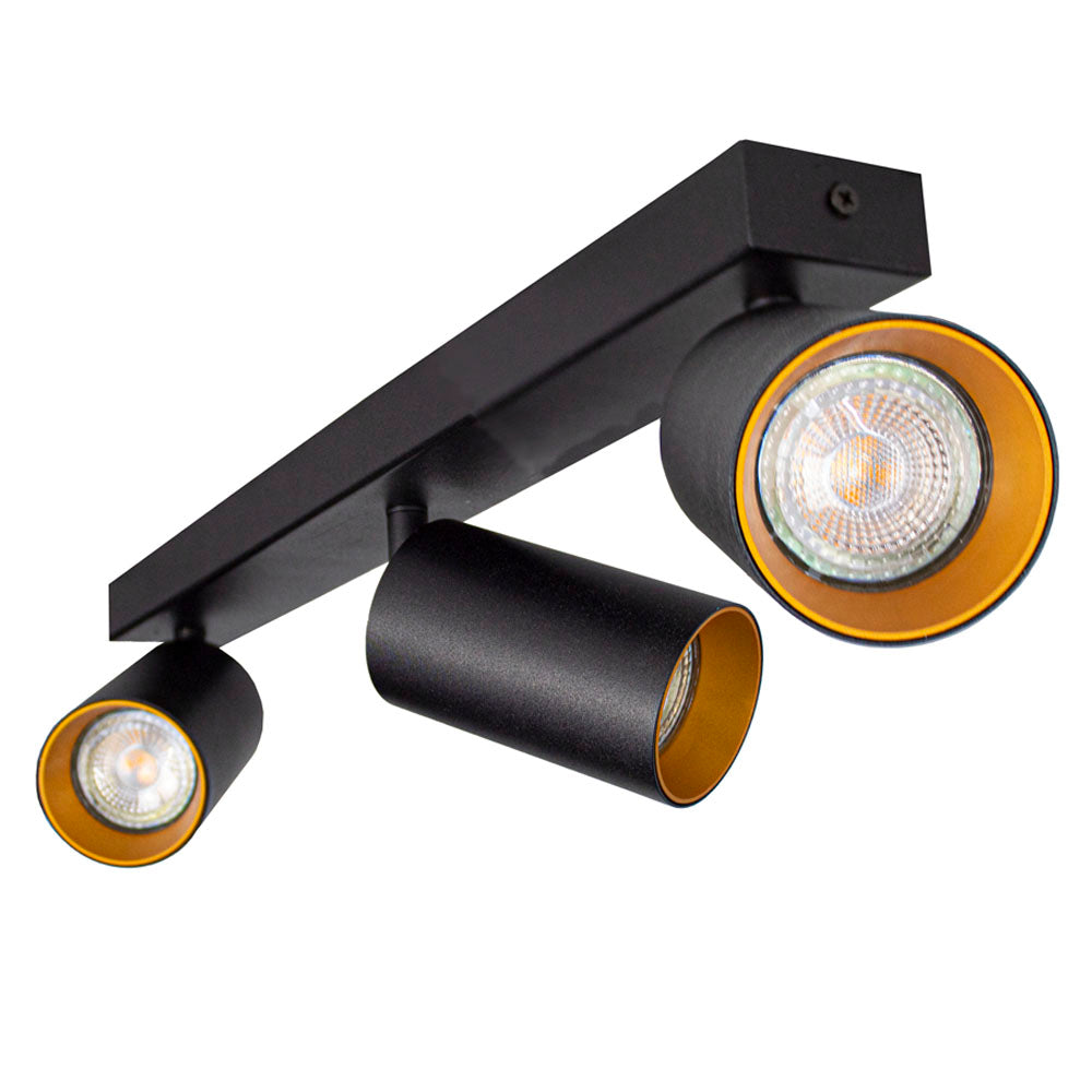 LED opbouw spot met gouden binnenkant driedubbel gu10 fitting - zijaanzicht lampen uit