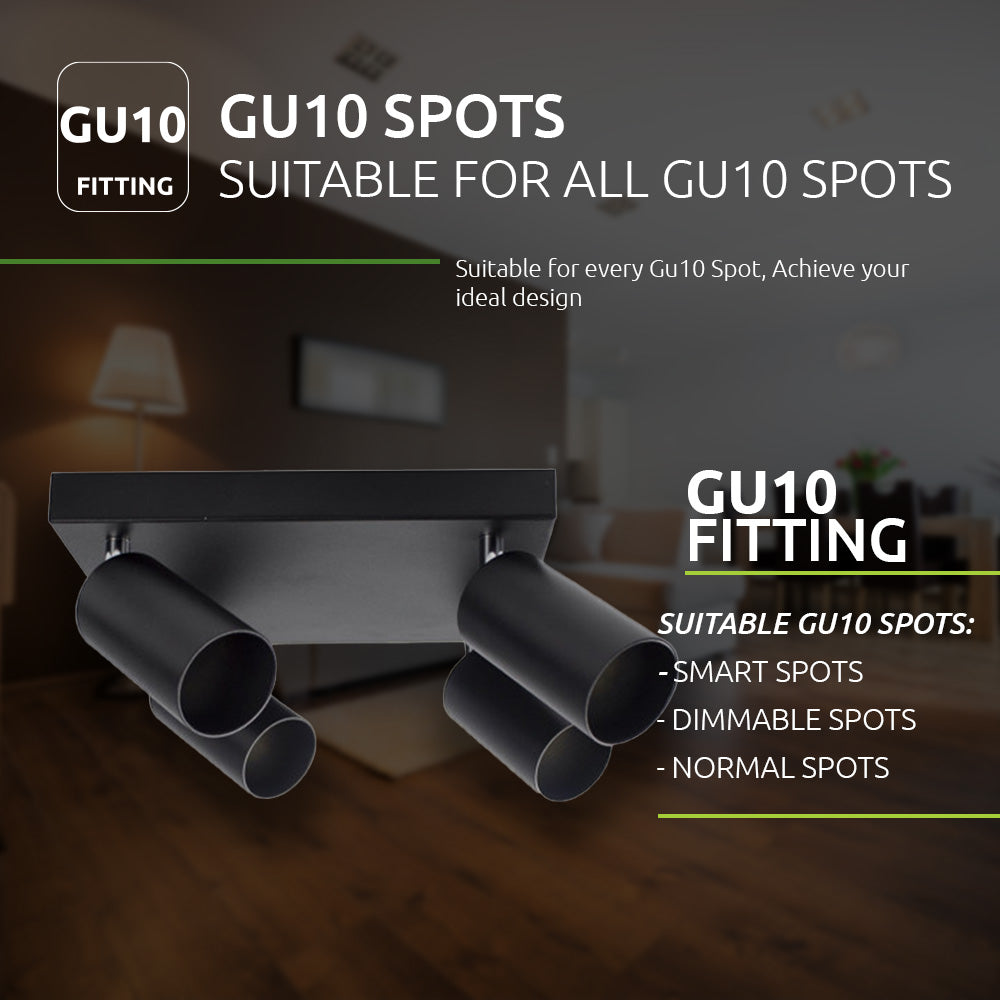 Schwarzer Deckenstrahler mit vier verstellbaren GU10-Fassungen, geeignet für Smart Spots, dimmbare Spots und normale Spots, von unten betrachtet in einem modernen Wohnzimmerambiente.