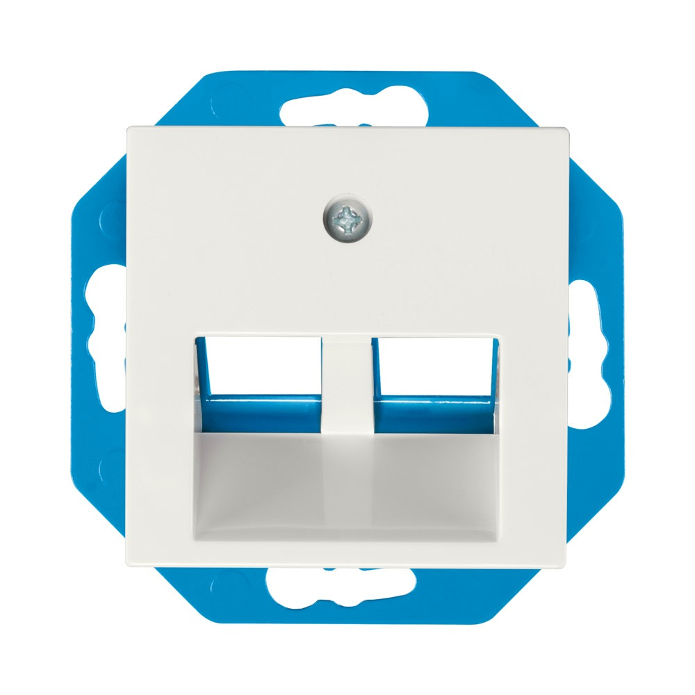 Frontansicht einer doppelten weißen Netzwerk-Wanddose mit blauer Unterputzhalterung, passend für Keystone-Module, ideal für Dateninstallationen im Heim- oder Bürobereich.