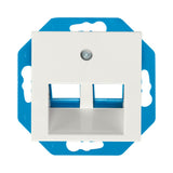 Frontansicht einer doppelten weißen Netzwerk-Wanddose mit blauer Unterputzhalterung, passend für Keystone-Module, ideal für Dateninstallationen im Heim- oder Bürobereich.