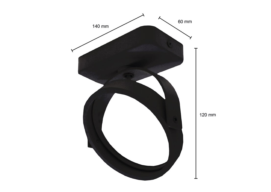 Schwarze Deckenhalterung aus Metall für Wandleuchten oder Armaturen, Vorderansicht mit den Abmessungen 140 mm x 60 mm x 120 mm.