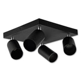 Schwarze moderne Deckenleuchte mit vier verstellbaren Strahlern, zylindrisches Design auf einer quadratischen Deckenplatte, schräge Ansicht von unten.