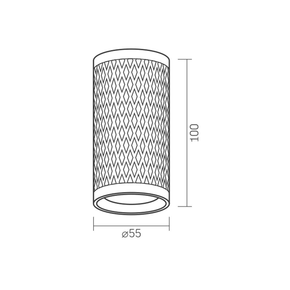 Technische Strichzeichnung eines zylindrischen Lampenschirms aus Metall mit Rautenmuster, Frontalansicht mit den Maßen 100 mm Höhe und 55 mm Durchmesser.