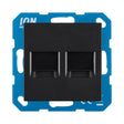 Vorderansicht einer ION Industries RJ45-Doppelnetzwerk-Wandsteckdose in Schwarz, montiert auf einem blauen Montagerahmen.