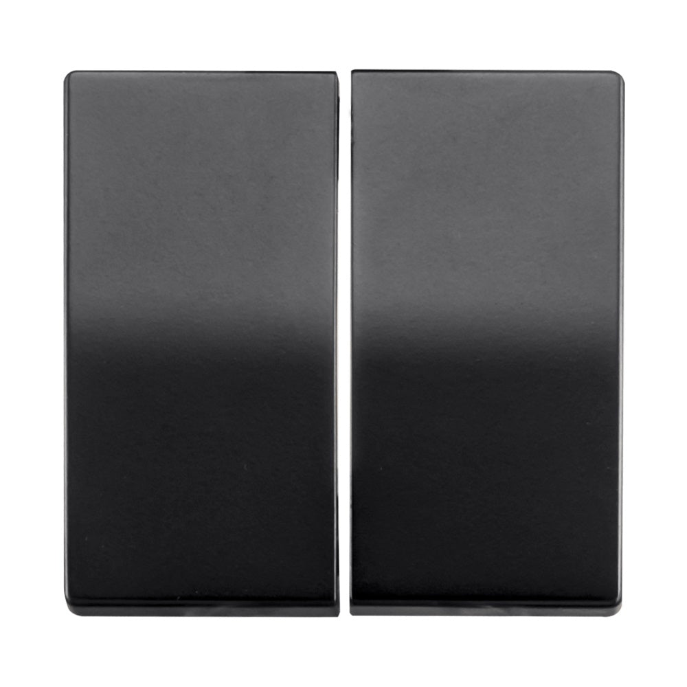 Vorderansicht eines schwarzen Doppel-Wippschalters für einen Lichtschalter, modernes und minimalistisches Design.