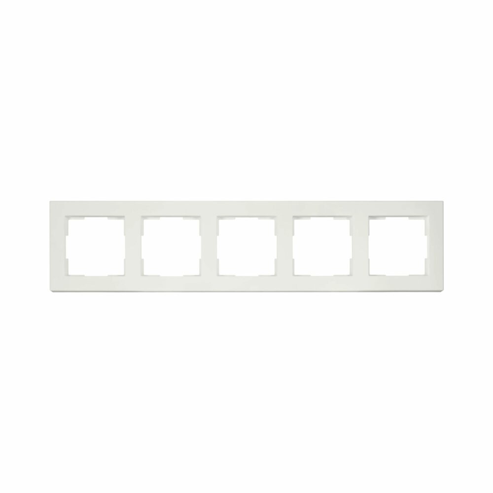 Weißer 5-fach-Abdeckrahmen für Schaltergeräte, Frontansicht, geeignet für den waagerechten Einbau von fünf Unterputzkomponenten.