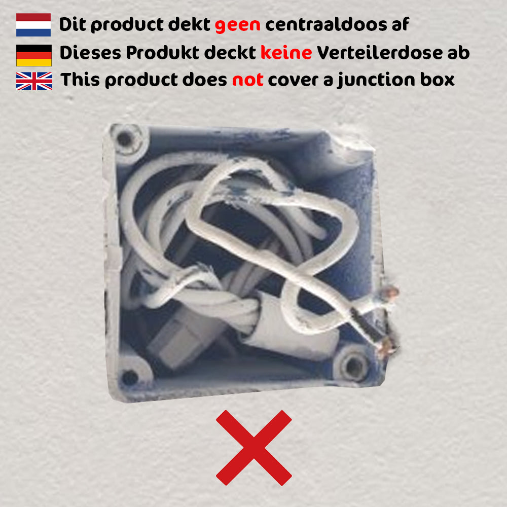 Nahaufnahme einer offenen Anschlussdose mit losen elektrischen Kabeln von vorne, begleitet von einem Warntext in mehreren Sprachen, der besagt, dass das Produkt diese Dosen nicht abdeckt.