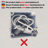 Nahaufnahme einer offenen Anschlussdose mit losen elektrischen Kabeln von vorne, begleitet von einem Warntext in mehreren Sprachen, der besagt, dass das Produkt diese Dosen nicht abdeckt.