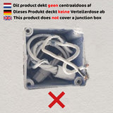Draufsicht auf einen offenen Anschlusskasten mit loser elektrischer Verkabelung, begleitet von einem mehrsprachigen Warnhinweis, der darauf hinweist, dass das Produkt keinen Anschlusskasten abdeckt.