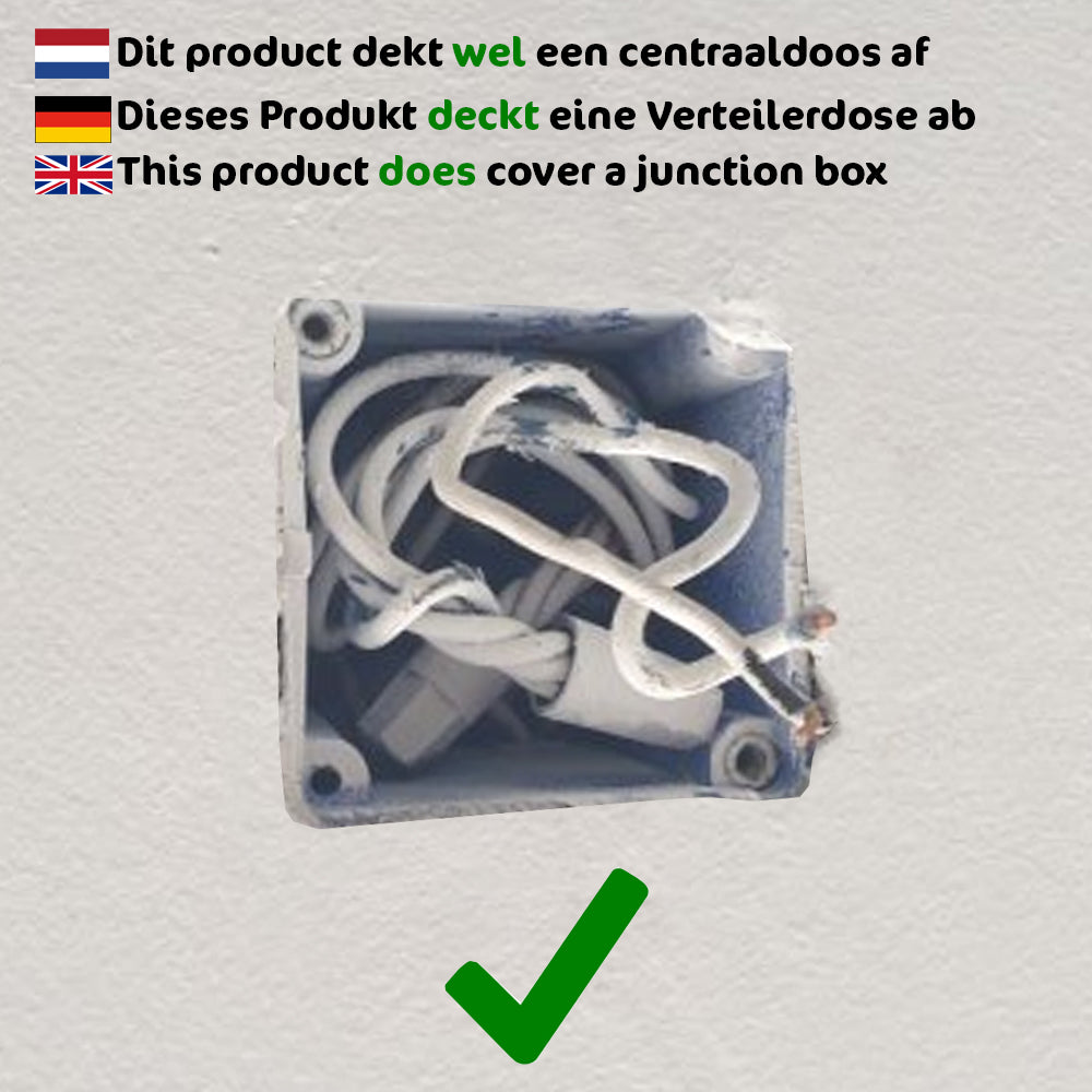 Vorderansicht einer offenen Anschlussdose mit loser elektrischer Verkabelung. Oben befinden sich drei Texte in Niederländisch, Deutsch und Englisch, die bestätigen, dass es sich bei diesem Produkt um eine Anschlussdose handelt, begleitet von einem grünen Häkchen als visuelle Bestätigung.