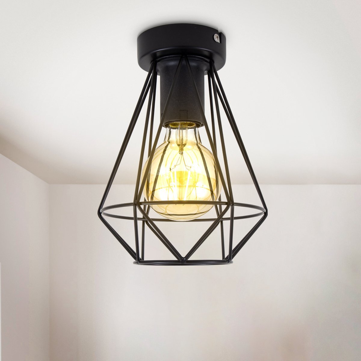 Plafondlamp Industrieel zwart Incl. dimbare E27 lamp Arthur - sfeerfoto lamp aan