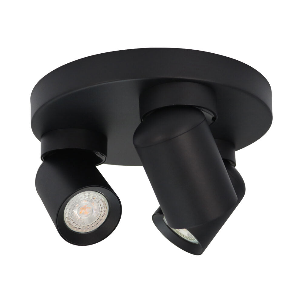 Runder schwarzer Deckenstrahler mit drei verstellbaren LED-Strahlern, Deckenlampe im modernen Design – Ansicht von unten.