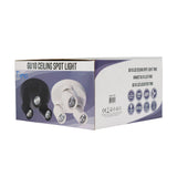 Vorderansicht der Verpackung des Timo GU10 LED-Deckenstrahlers mit Bildern der Schwarz-Weiß-Version des Strahlers, einschließlich Produktspezifikationen und technischen Symbolen an der Seite der Schachtel.