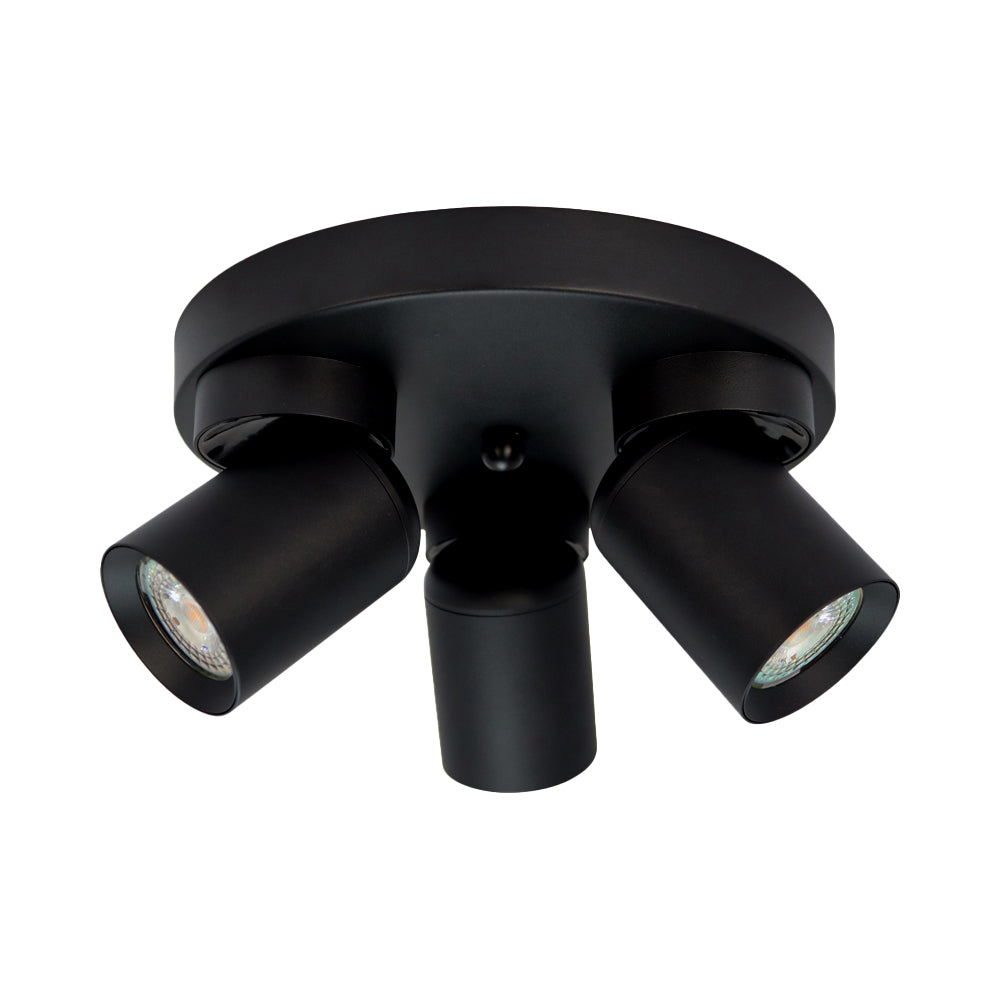 Schwarzer runder Deckenstrahler mit drei verstellbaren LED-Strahlern, moderne Designlampe für die Innenbeleuchtung – Ansicht von unten.