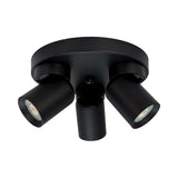 Schwarzer runder Deckenstrahler mit drei verstellbaren LED-Strahlern, moderne Designlampe für die Innenbeleuchtung – Ansicht von unten.