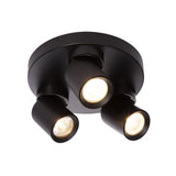 Schwarzer Deckenstrahler mit drei verstellbaren LED-Strahlern, modernes Design, Ansicht von unten.