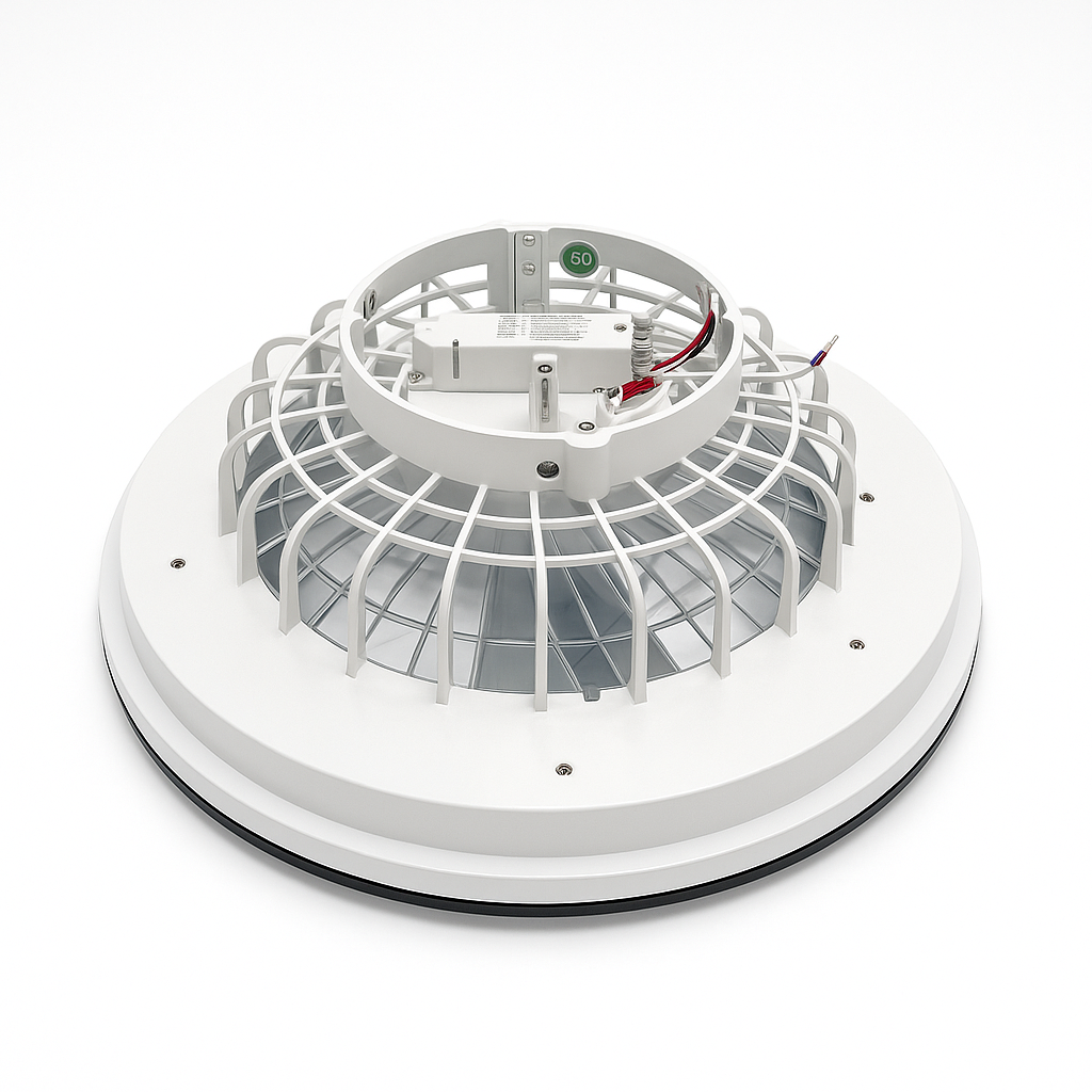 Industrielle LED-Hallenleuchte mit Schutzgitter, Draufsicht – energieeffiziente Deckenbeleuchtung für Lagerhallen, Fabriken oder Werkstätten.