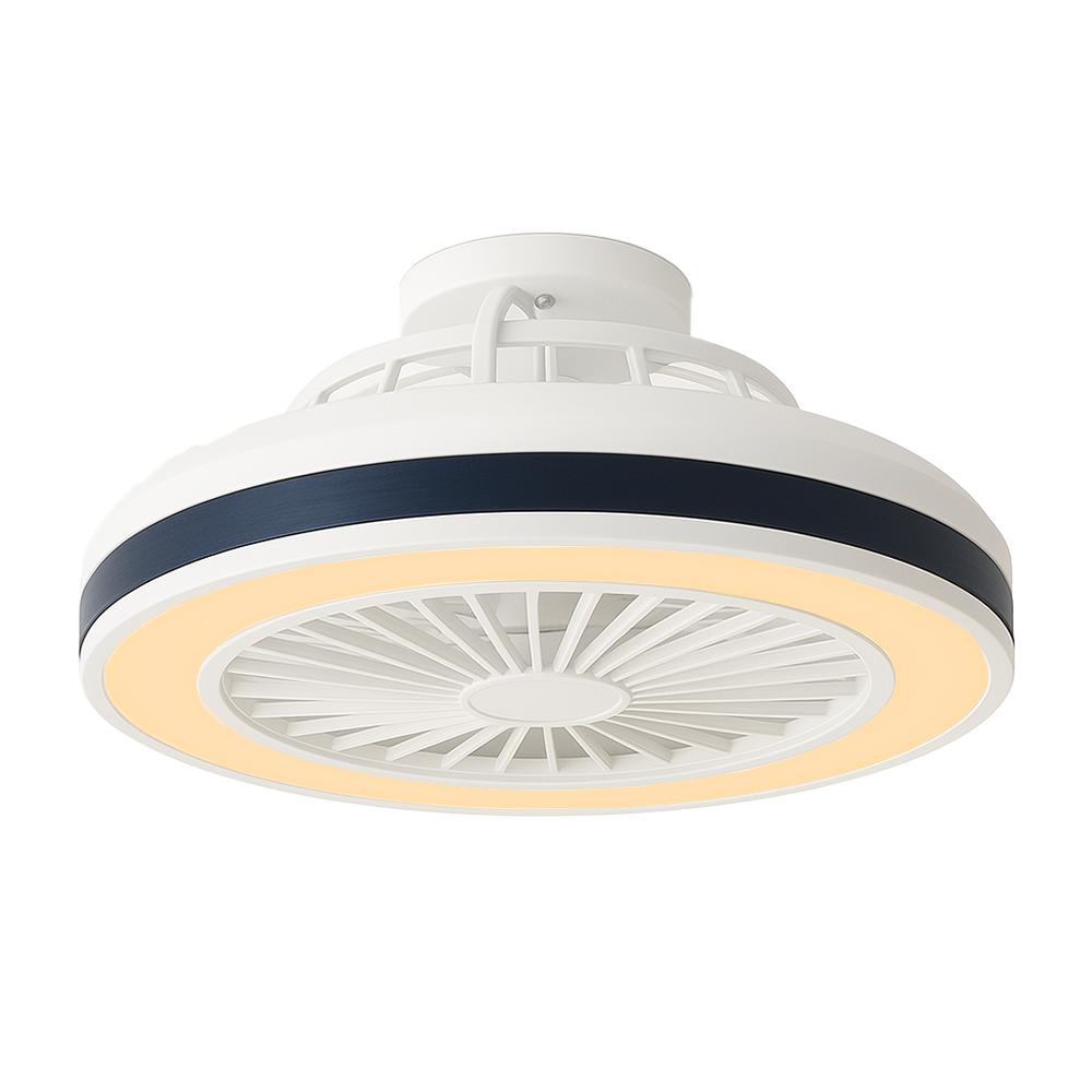 Moderner Deckenventilator mit integrierter LED-Beleuchtung, Bild zeigt Unteransicht mit sichtbarem Lüftergitter und warmweißem Licht rundherum.