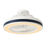 Moderner Deckenventilator mit integrierter LED-Beleuchtung, Bild zeigt Unteransicht mit sichtbarem Lüftergitter und warmweißem Licht rundherum.