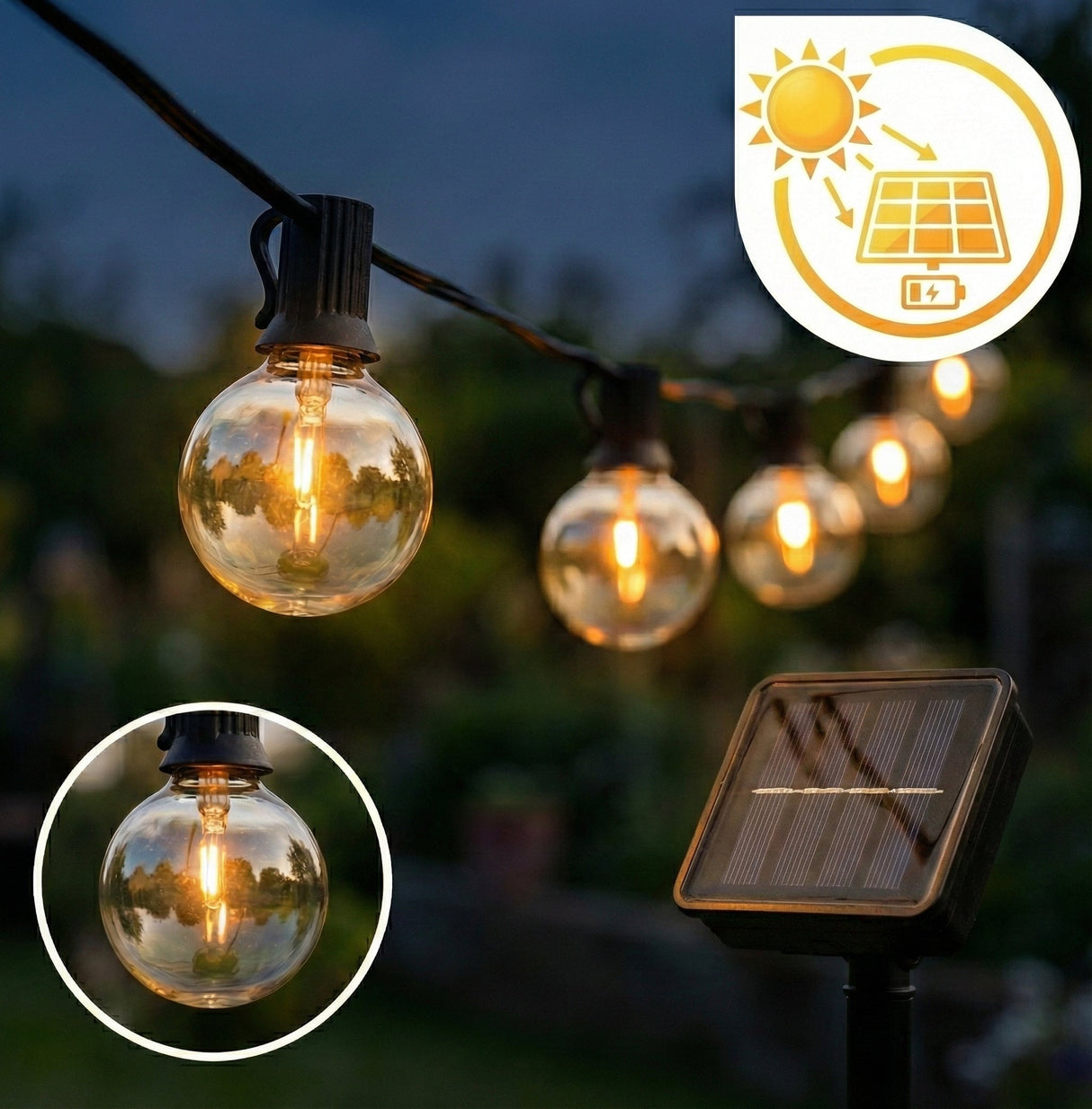 Solar-Lichterkette – Pin-Kabel | 5 Meter | 20 LEDs | Warmes Licht