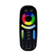 Fernbedienung für Mi-Light LED-Beleuchtung, RGB+CCT-Touch-Fernbedienung in Schwarz mit Farbrad und verschiedenen Funktionstasten – Produktvorderansicht.