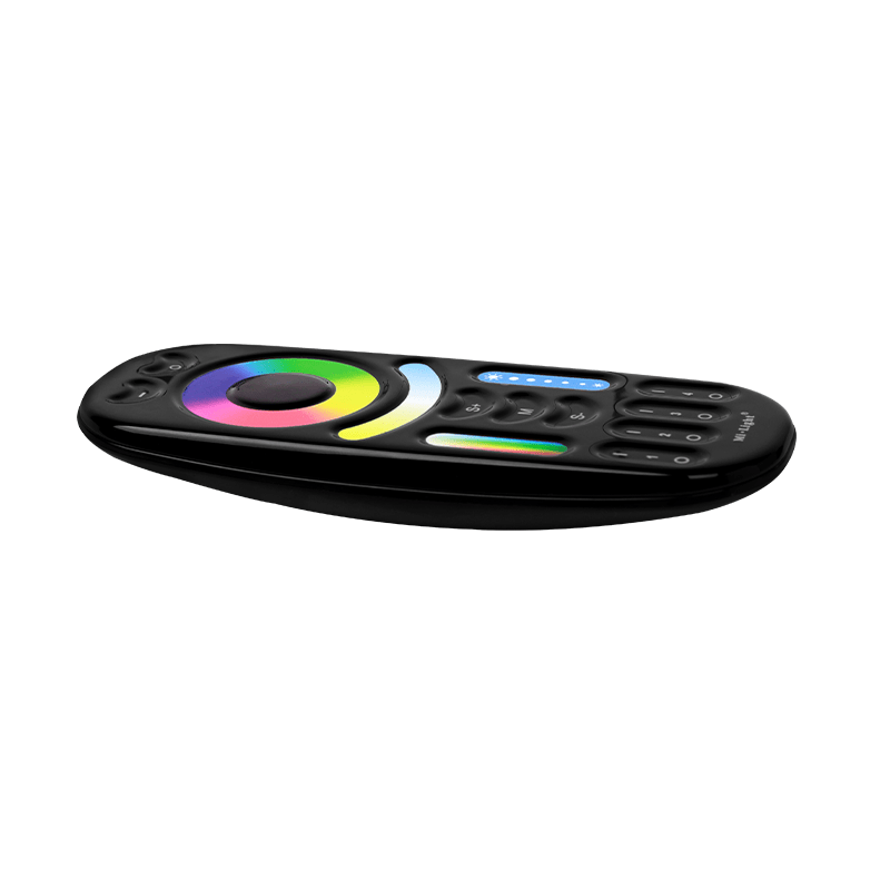 Schwarze LED-RGB-Fernbedienung mit Farbrad und Touch-Steuerung, abgewinkelte Seitenansicht auf weißem Hintergrund.