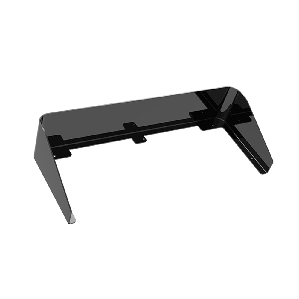 Schwarzer Monitorständer aus Acryl mit minimalistischem Design, abgewinkelten Seitenansichten und drei Aussparungen für die Kabelführung – Draufsicht und abgewinkelte Vorderansicht.