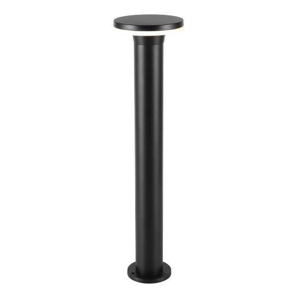 Schwarze moderne Außenmastlampe, zylindrisches Design mit runder Spitze, Vorderansicht vor weißem Hintergrund.