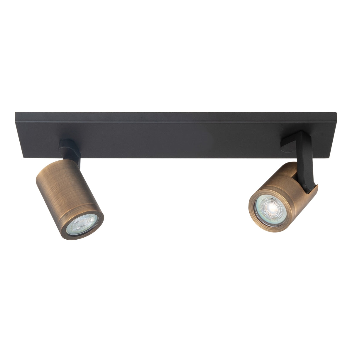 Industrieller Deckenstrahler mit zwei verstellbaren zylindrischen Strahlern in gebürsteter Bronze und Schwarz, Vorderansicht.