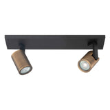 Industrieller Deckenstrahler mit zwei verstellbaren zylindrischen Strahlern in gebürsteter Bronze und Schwarz, Vorderansicht.