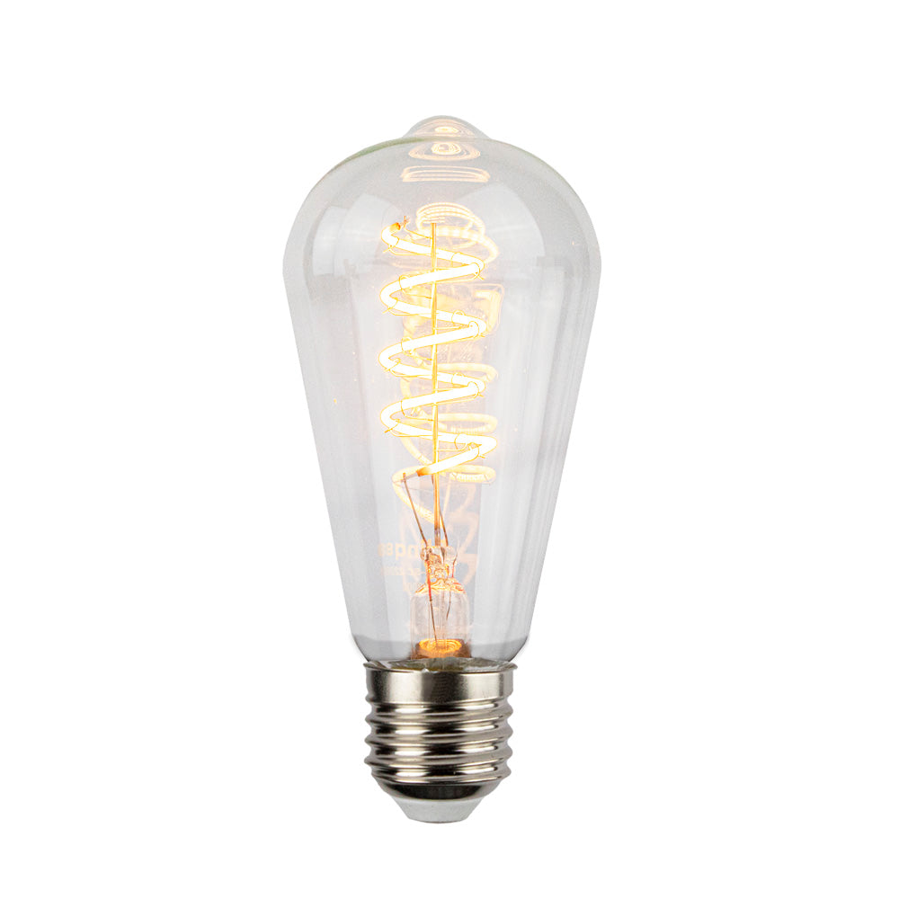 Klares Produktfoto einer Retro-Edison-LED-Glühbirne mit E27-Fassung, von vorne sichtbar, mit Spiralfaden und warmweißem Licht.
