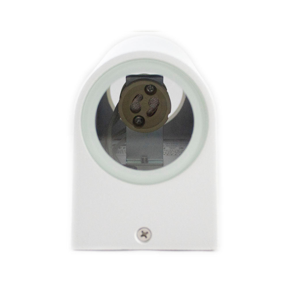 Vooraanzicht van een witte G13 T8 TL-lampfitting met zichtbare elektrische aansluitpunten, geschikt voor montage van fluorescentieverlichting.
