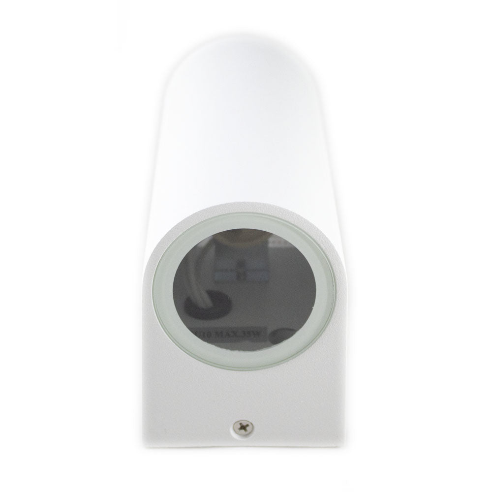 Wit cilindervormig wandarmatuur met glazen afdekking, vooraanzicht van moderne opbouwspot zonder lichtbron.