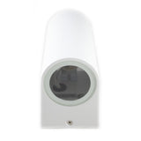 Wit cilindervormig wandarmatuur met glazen afdekking, vooraanzicht van moderne opbouwspot zonder lichtbron.