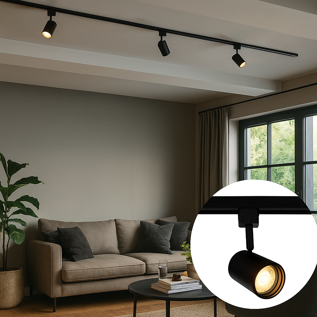 Schwarzer moderner Schienenstrahler Lighting LED – Nahaufnahme eines schwarzen Schienenstrahlers, der an einer Deckenschiene in einem geschmackvoll eingerichteten Wohnzimmer mit natürlichem Licht montiert ist.