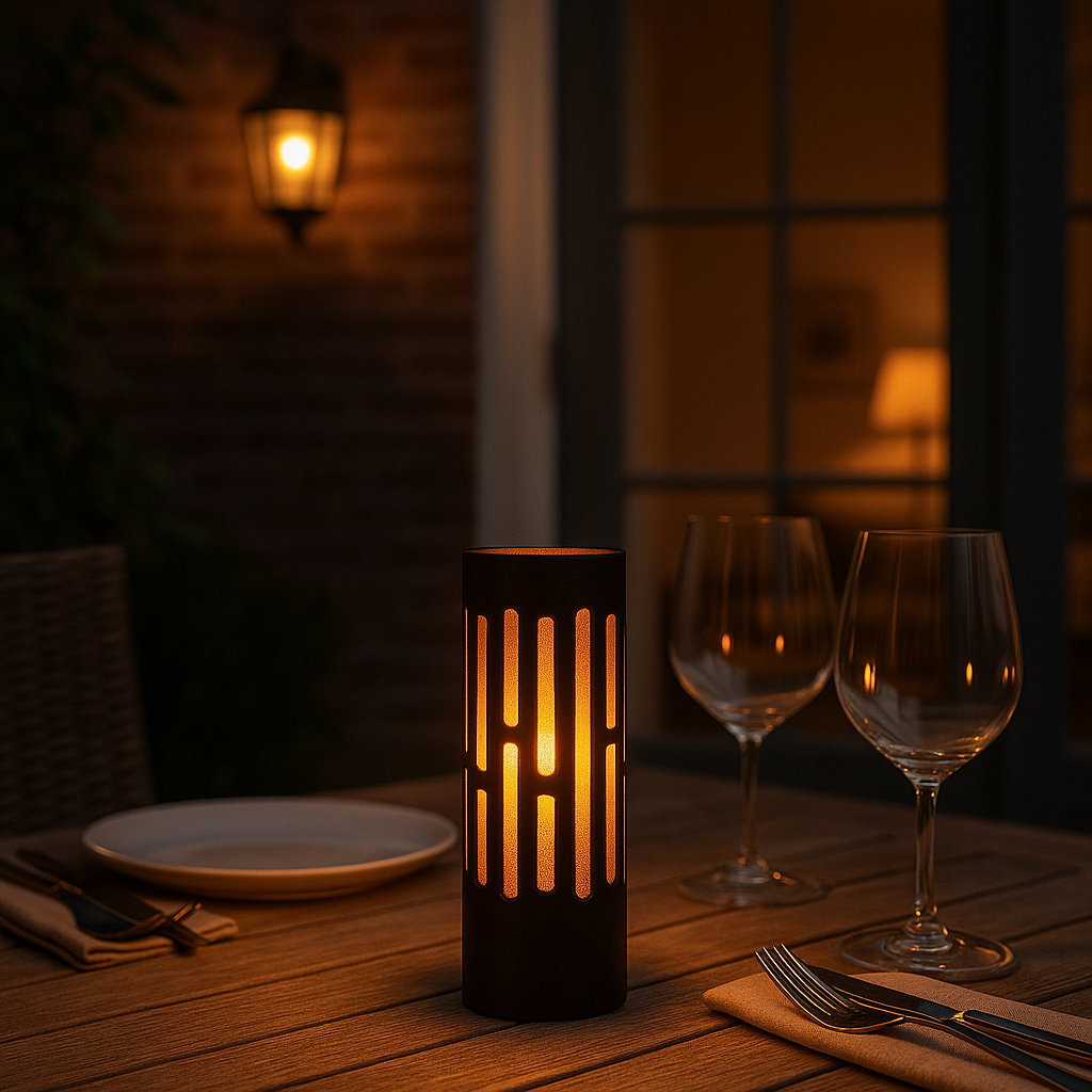 Stimmungsvolles Tischwindlicht in schwarzem Metalldesign mit vertikalen Aussparungen, beleuchtet mit warmem LED-Licht, fotografiert in abendlicher Atmosphäre auf einem Outdoor-Tisch mit Weingläsern und gedeckten Tellern – Frontalansicht.