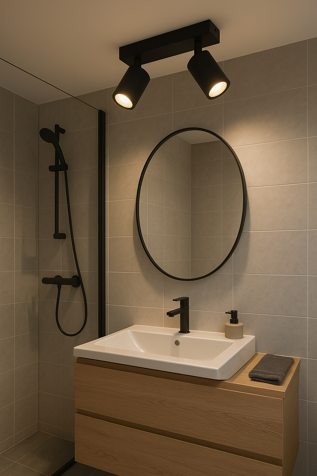 Modernes Badezimmer mit schwarzen Deckenstrahlern, einem runden Spiegel, einem Holzwaschtisch mit weißem Waschbecken und schwarzem Wasserhahn sowie einer ebenerdigen Dusche mit schwarzem Regenduschkopf – Frontalansicht.